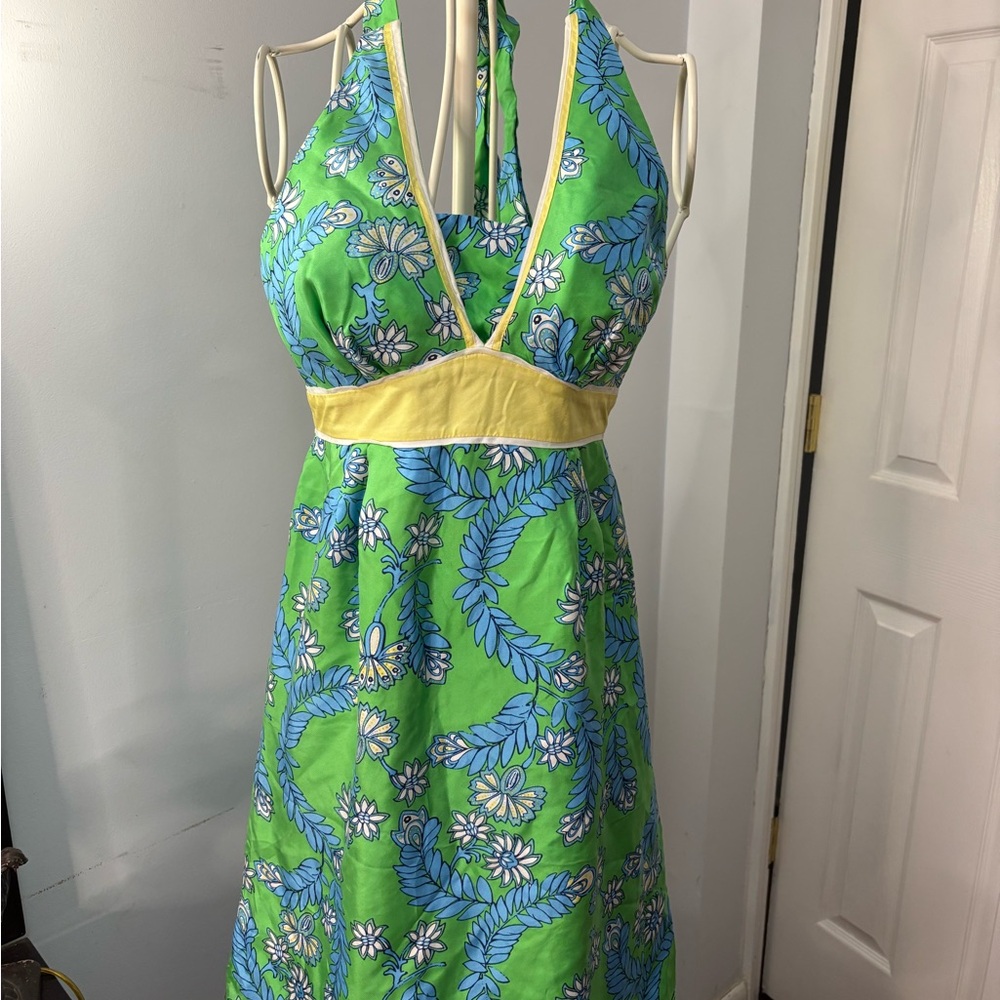 Lilly Pulitzer 100% silk lined Vibrant Green and Blue Halter Dress Sz 0